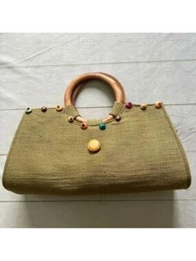 Unbranded bohemian round wooden handles Boho straw wooded beaded tote bag